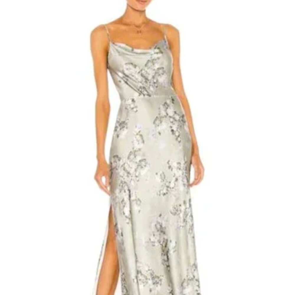 Vince Hazy Blossom Cowl Neck Satin Floral Slip Dress in Celery Women's 00